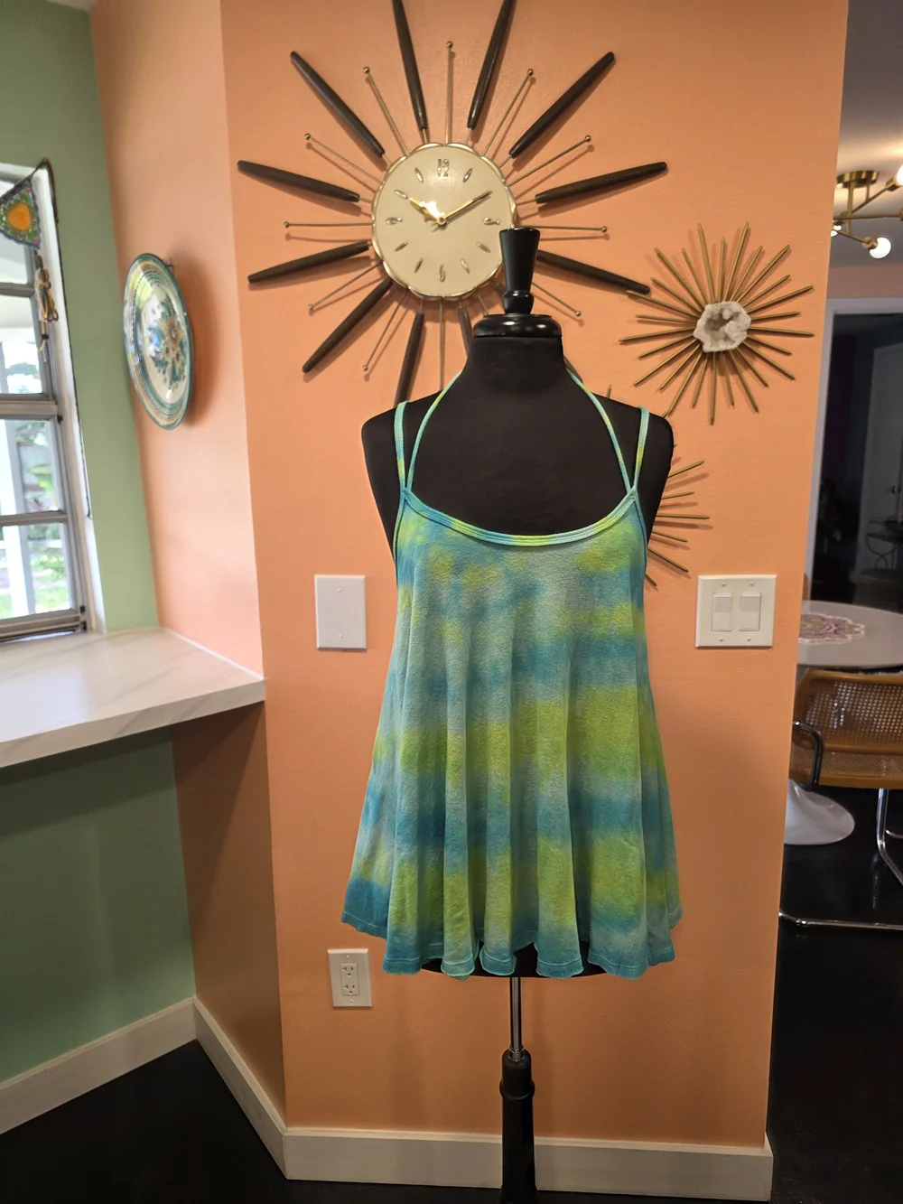Free People Rare We The Free L Green & Blue Tie-Dye Double-Strap Tank Boho Chic
